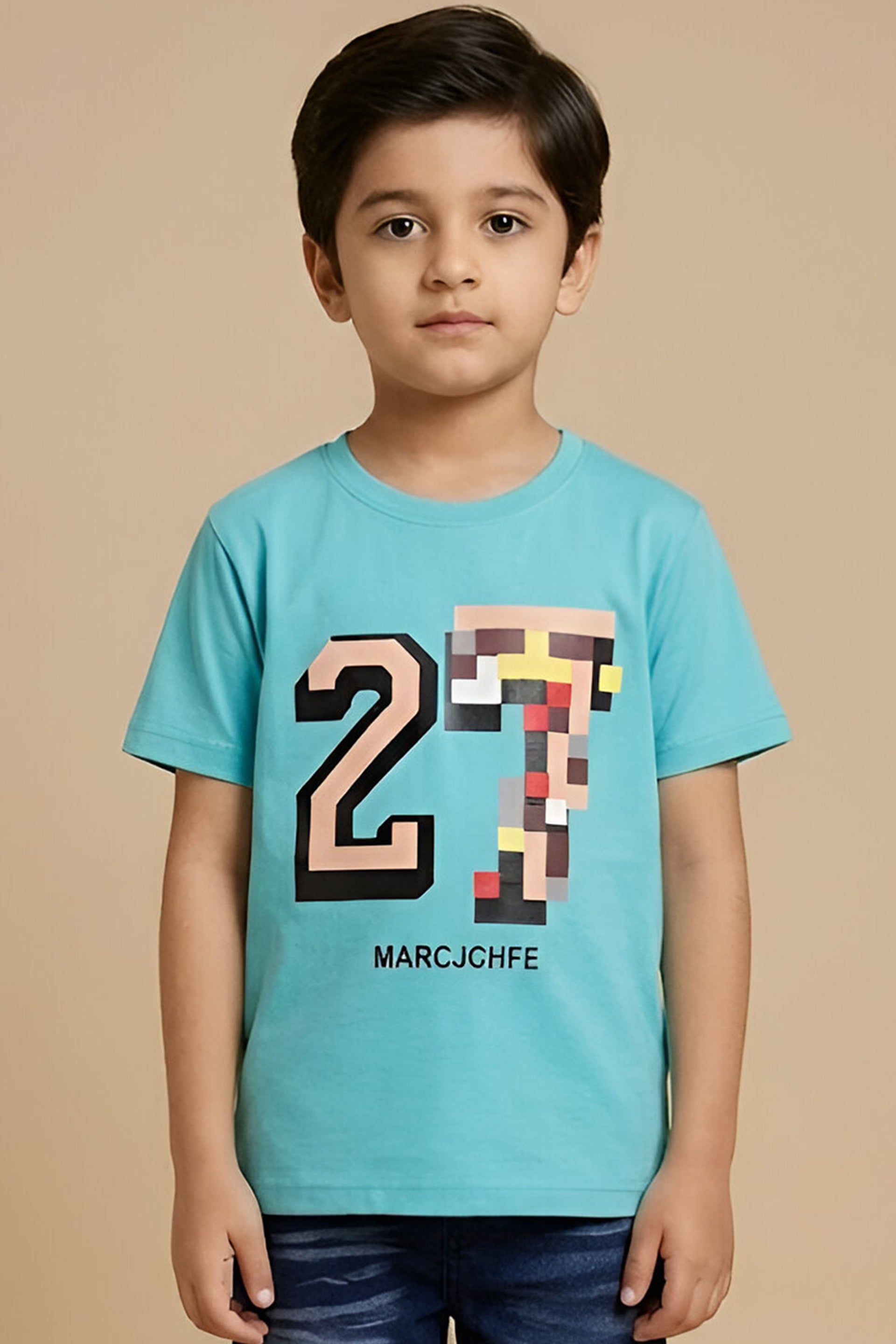 Boys' Trendy Pixel Graphic T-Shirt & Denim Shorts