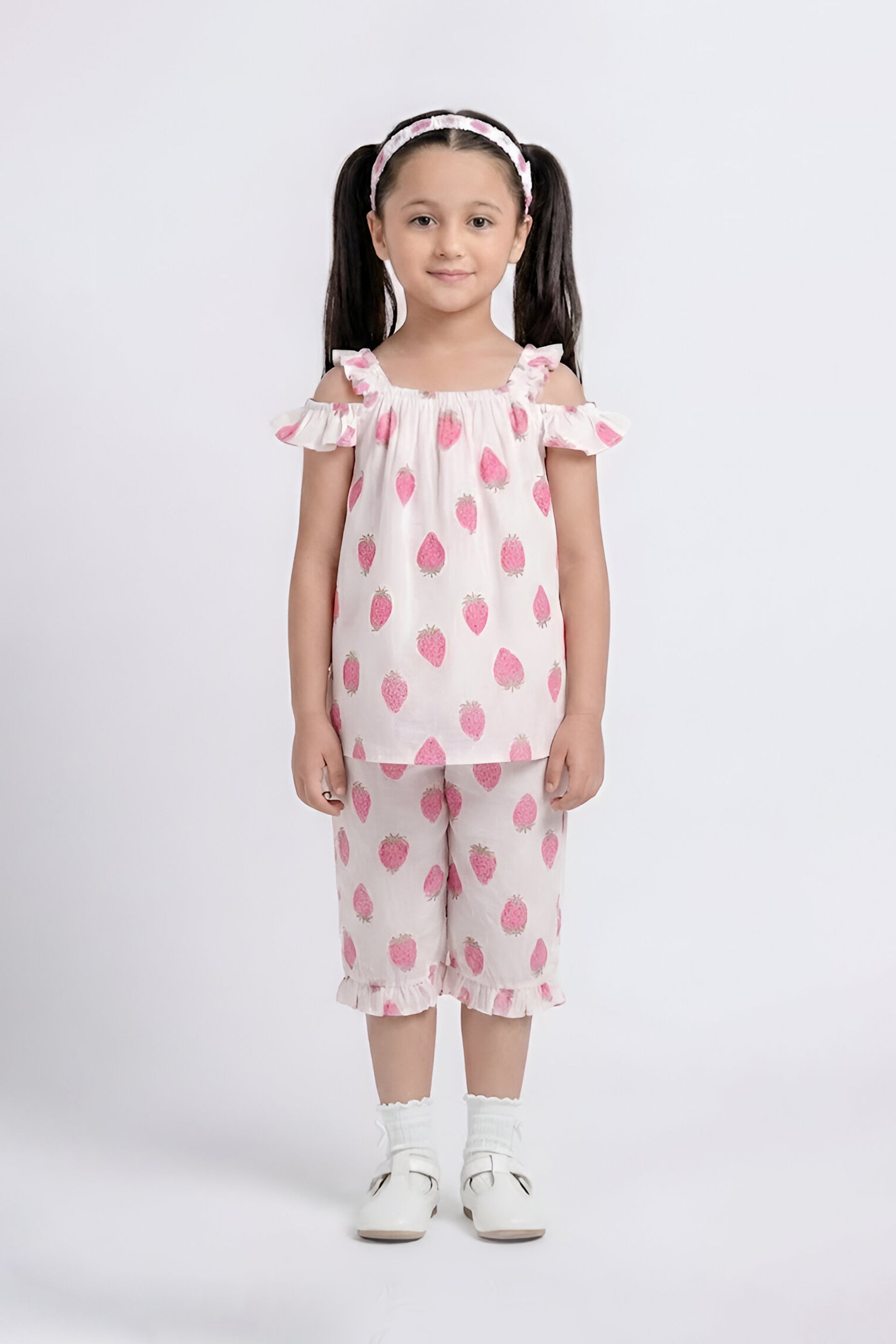 Girls' Cute Strawberry Print Cold-Shoulder Top & Capri Set