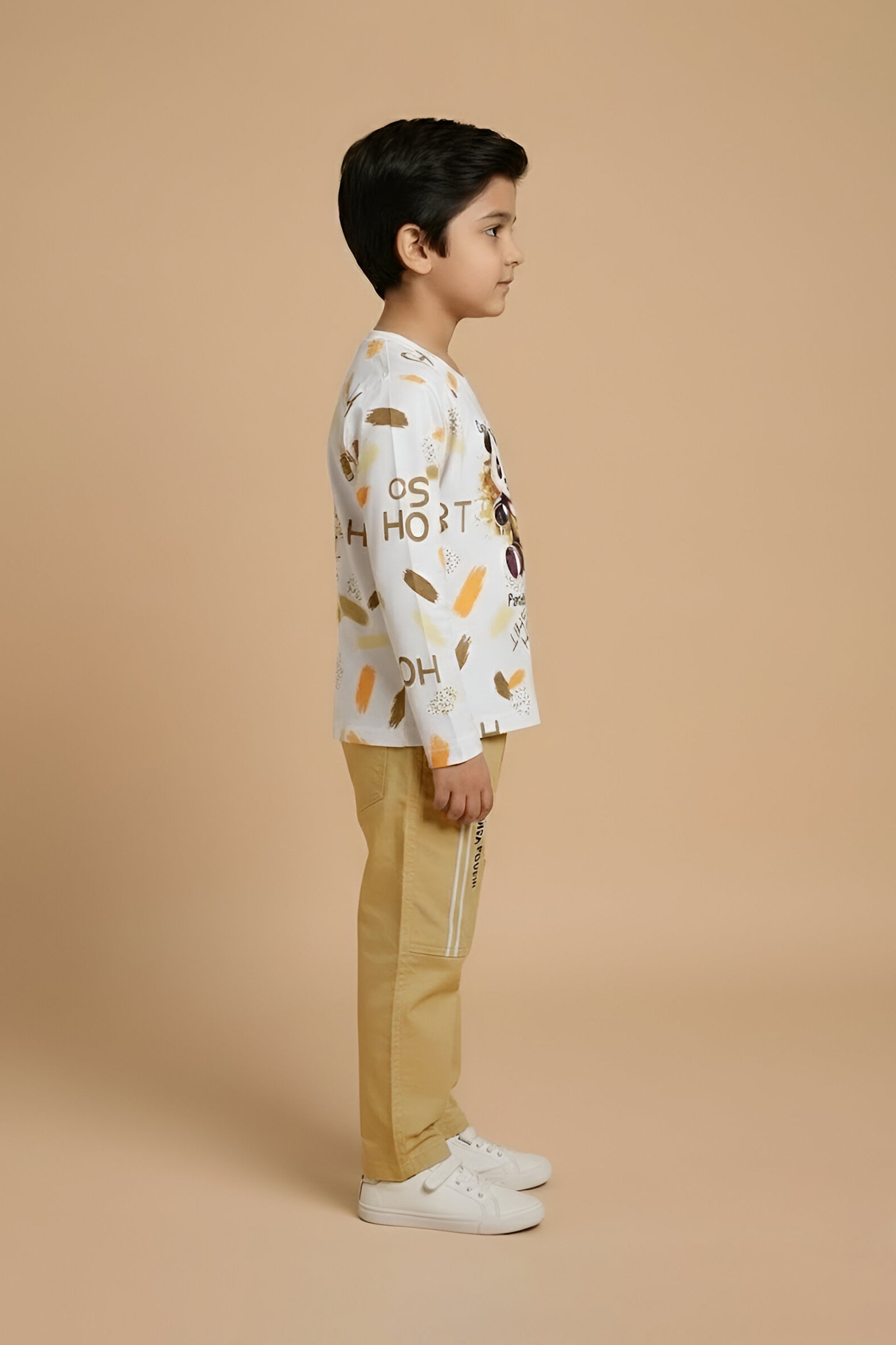 Boys' "Panda Power" Sporty Co-ord Set - Long Sleeve Graphic Tee & Khaki Cargo Pants