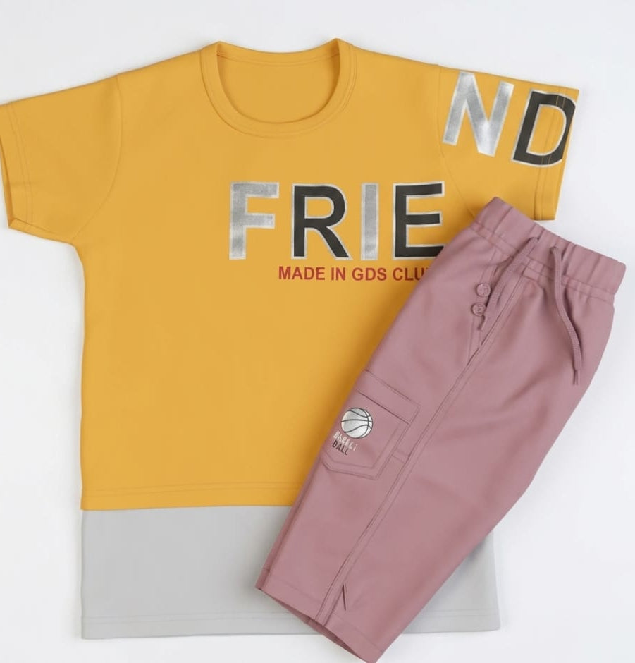 Stylish Boys Yellow T-Shirt & Pink Shorts Outfit