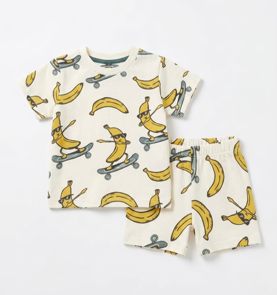 Boys Banana Print Cotton T-Shirt & Shorts Co-Ord Set