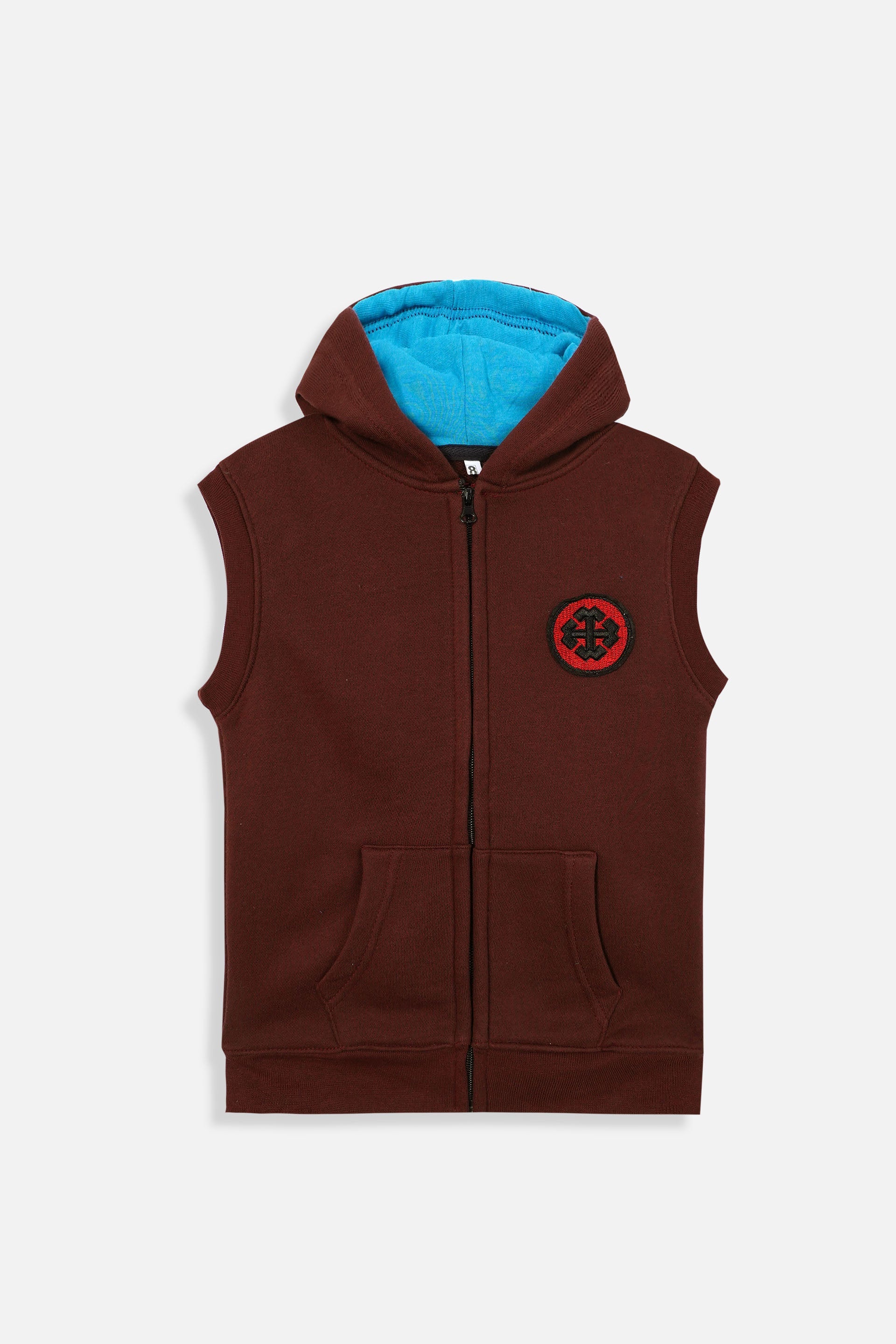 Boys Mehroon Sleeveless Embroided Hoodie