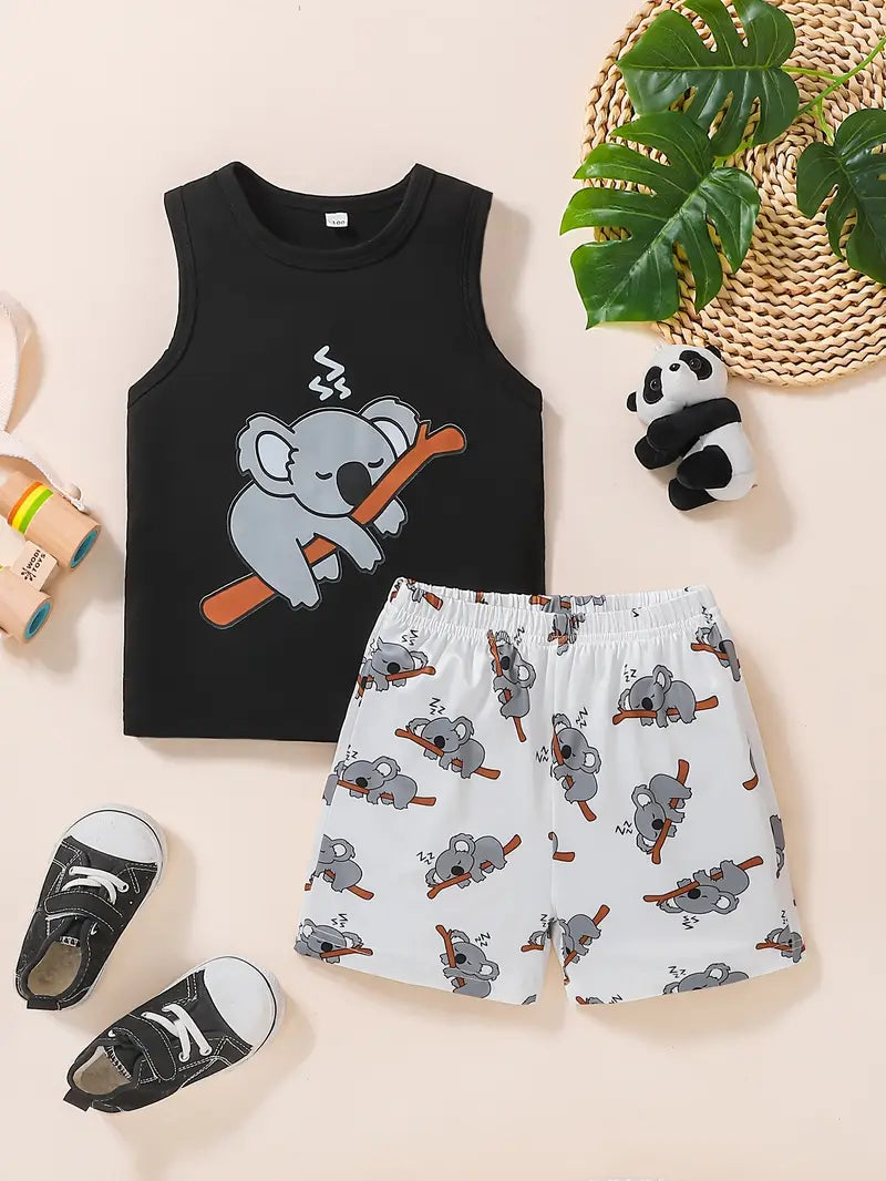 Boys' Summer Sleeveless Lazy Bear Print Tanktop + Shorts Casual Set
