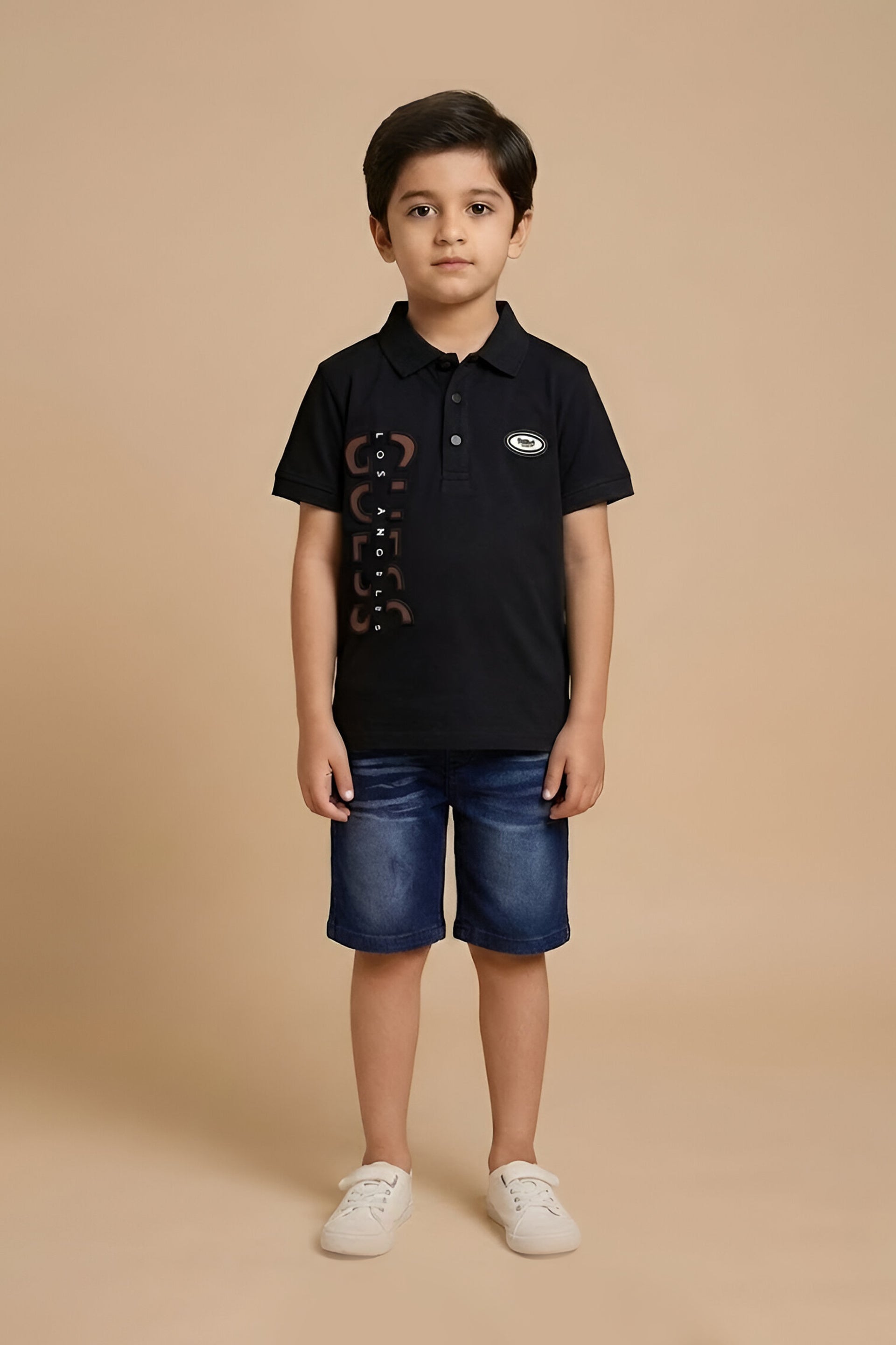Mboss Boys' Premium Black Polo T-Shirt & Denim Shorts Set – Stylish 2-Piece Summer Outfit