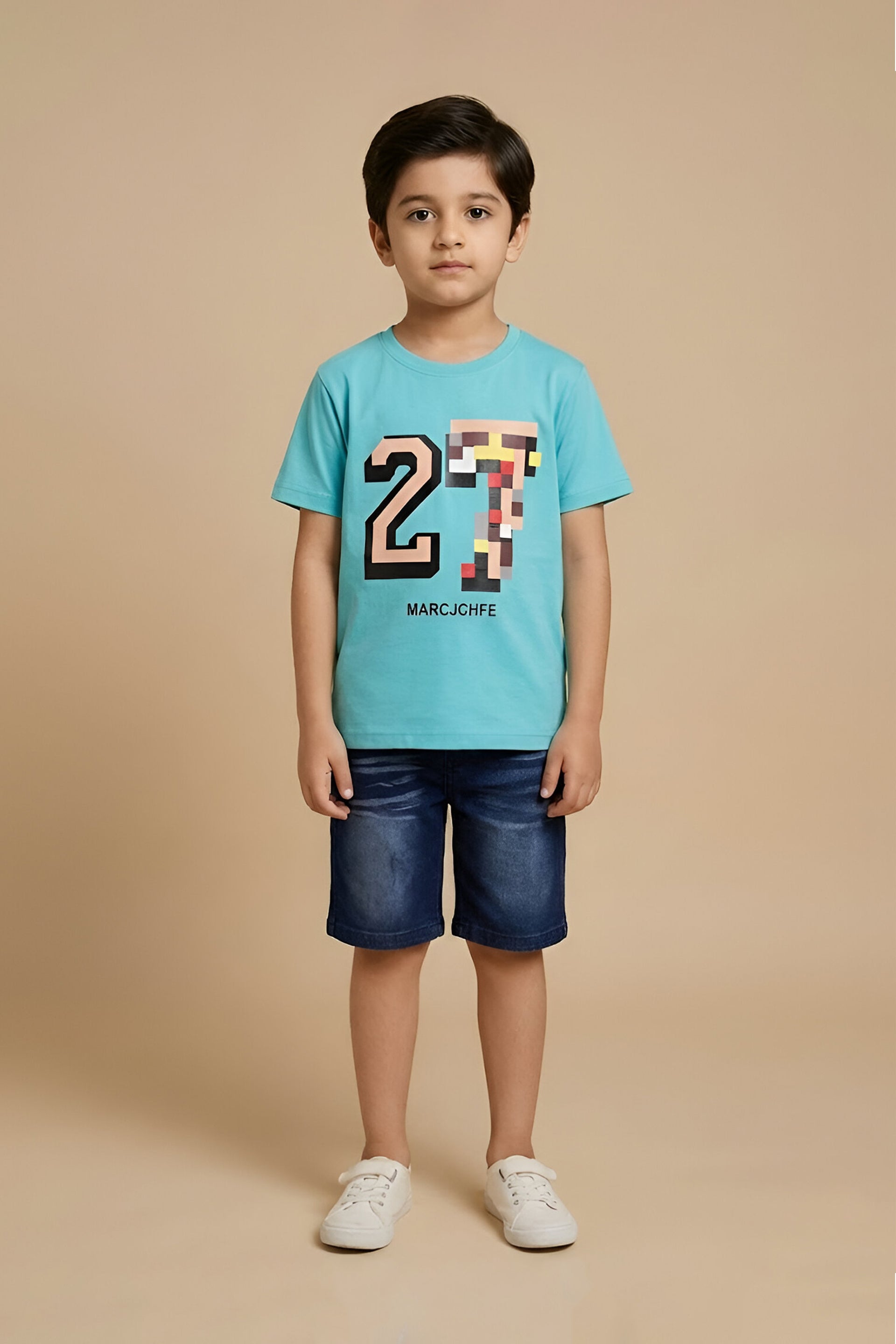 Boys' Trendy Pixel Graphic T-Shirt & Denim Shorts