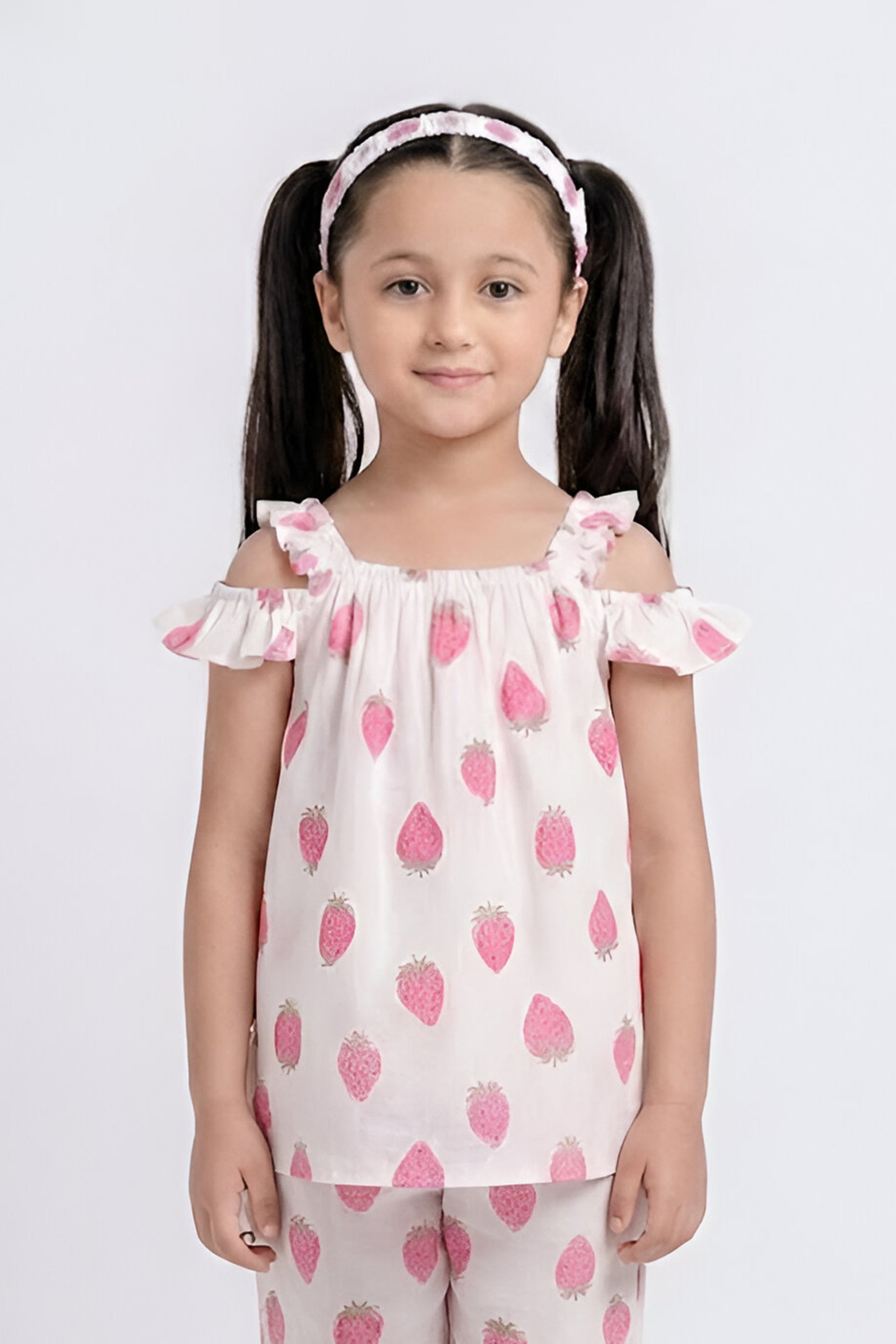 Girls' Cute Strawberry Print Cold-Shoulder Top & Capri Set