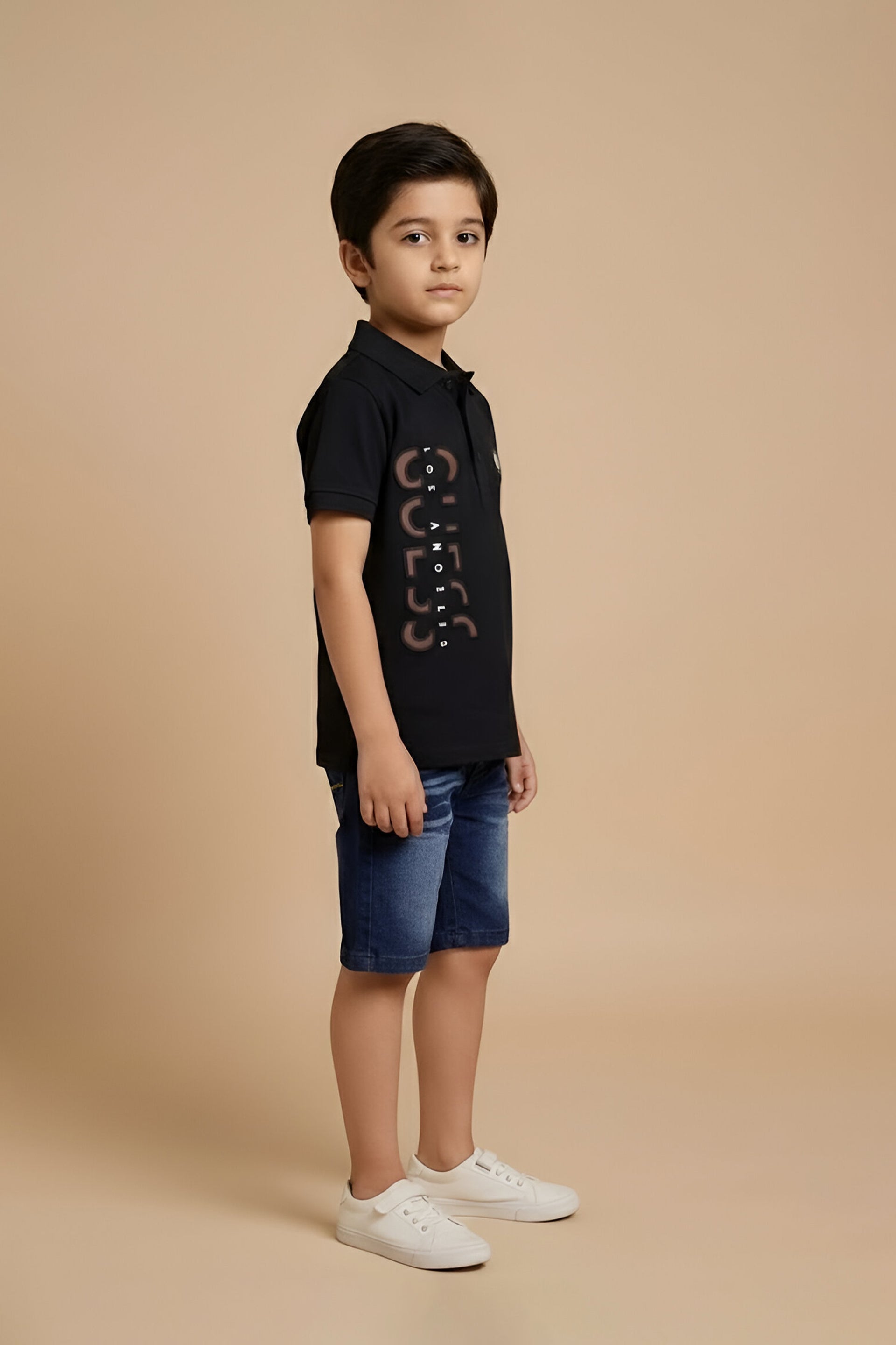 Mboss Boys' Premium Black Polo T-Shirt & Denim Shorts Set – Stylish 2-Piece Summer Outfit