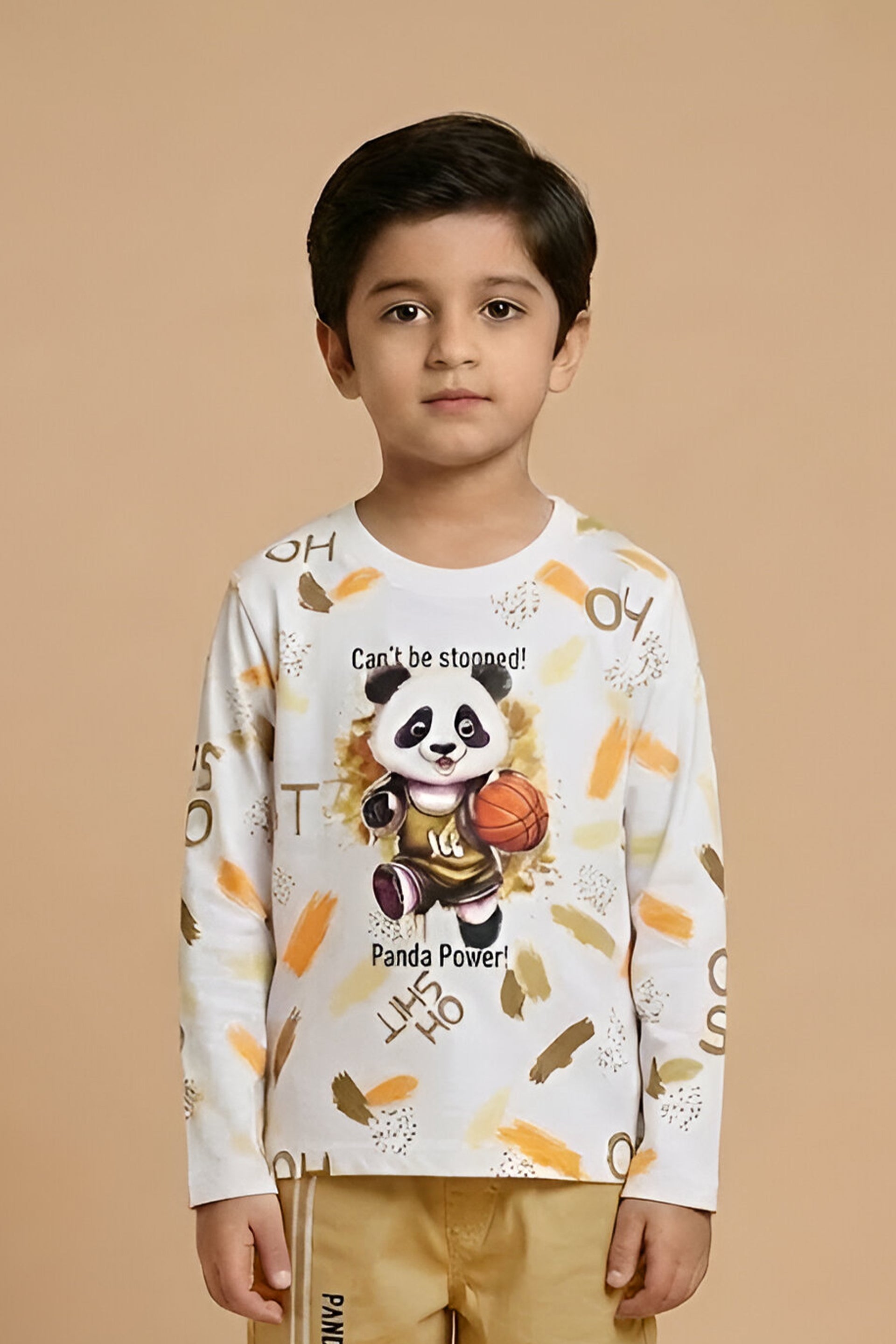 Boys' "Panda Power" Sporty Co-ord Set - Long Sleeve Graphic Tee & Khaki Cargo Pants