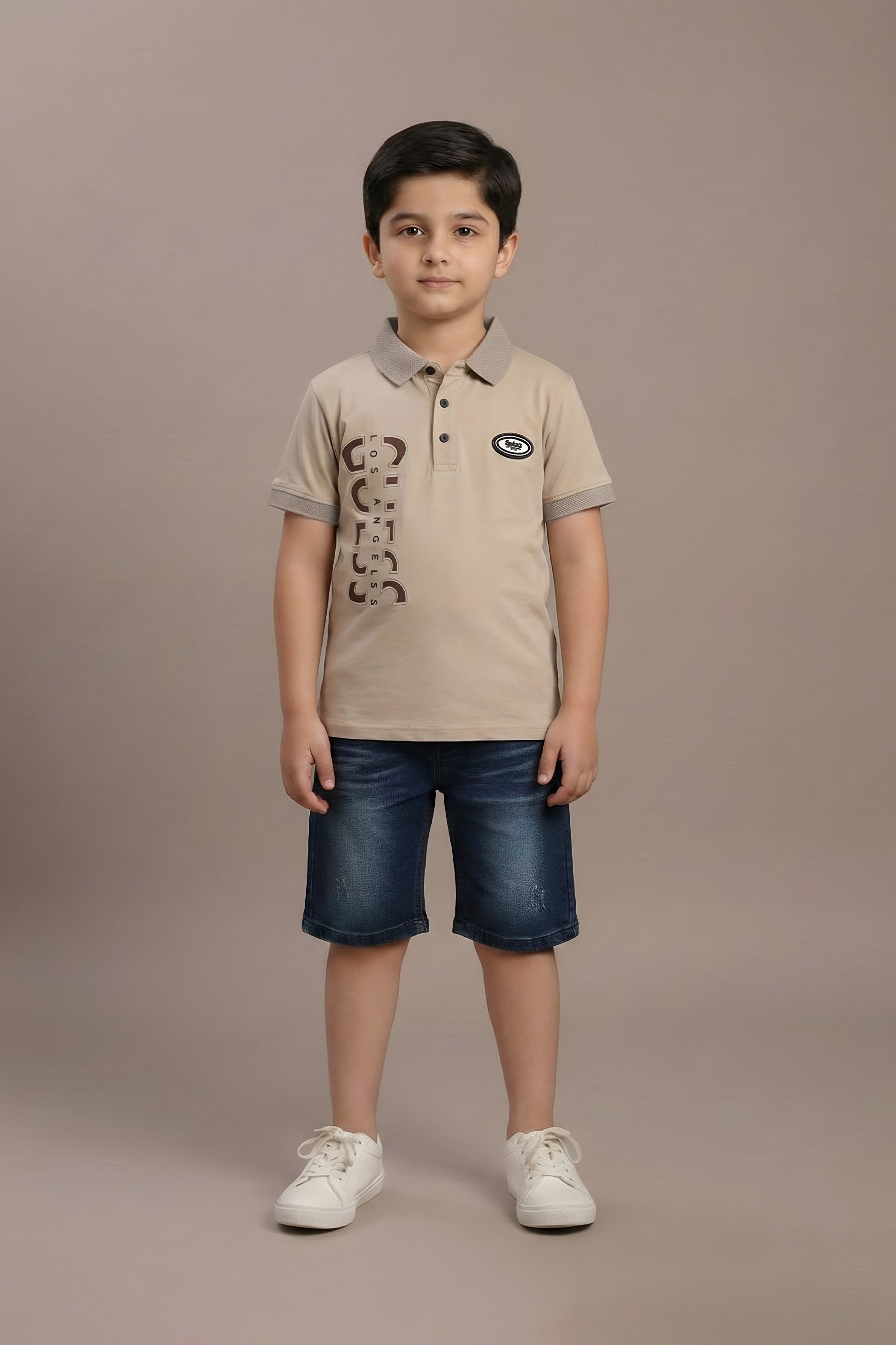 Boys' Stylish Beige Polo Shirt & Denim Shorts Set - Casual Summer Wear