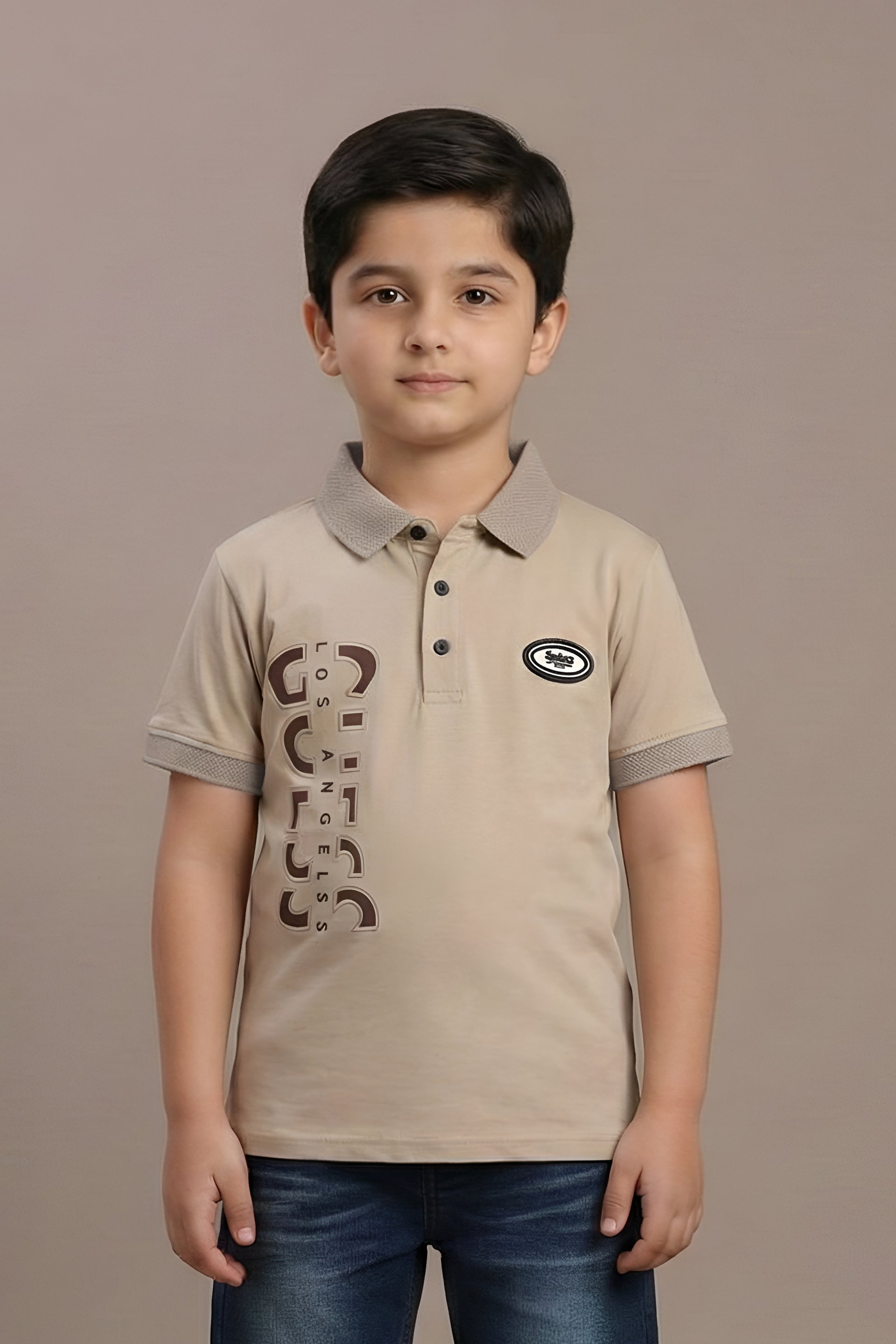 Boys' Stylish Beige Polo Shirt & Denim Shorts Set - Casual Summer Wear