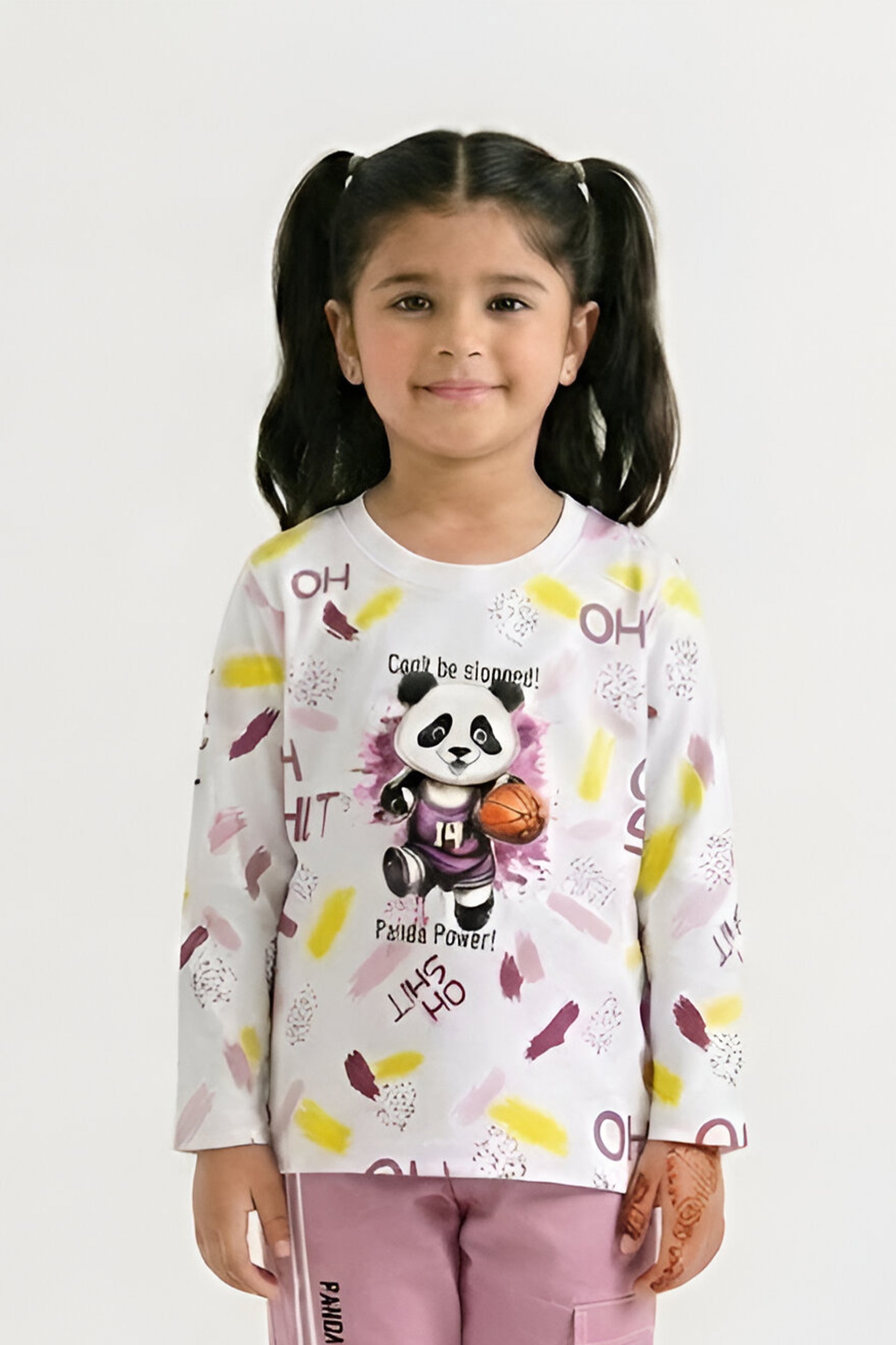 Girls' "Panda Power" Sporty Co-ord Set - Printed Long Sleeve Tee & Cargo Pants