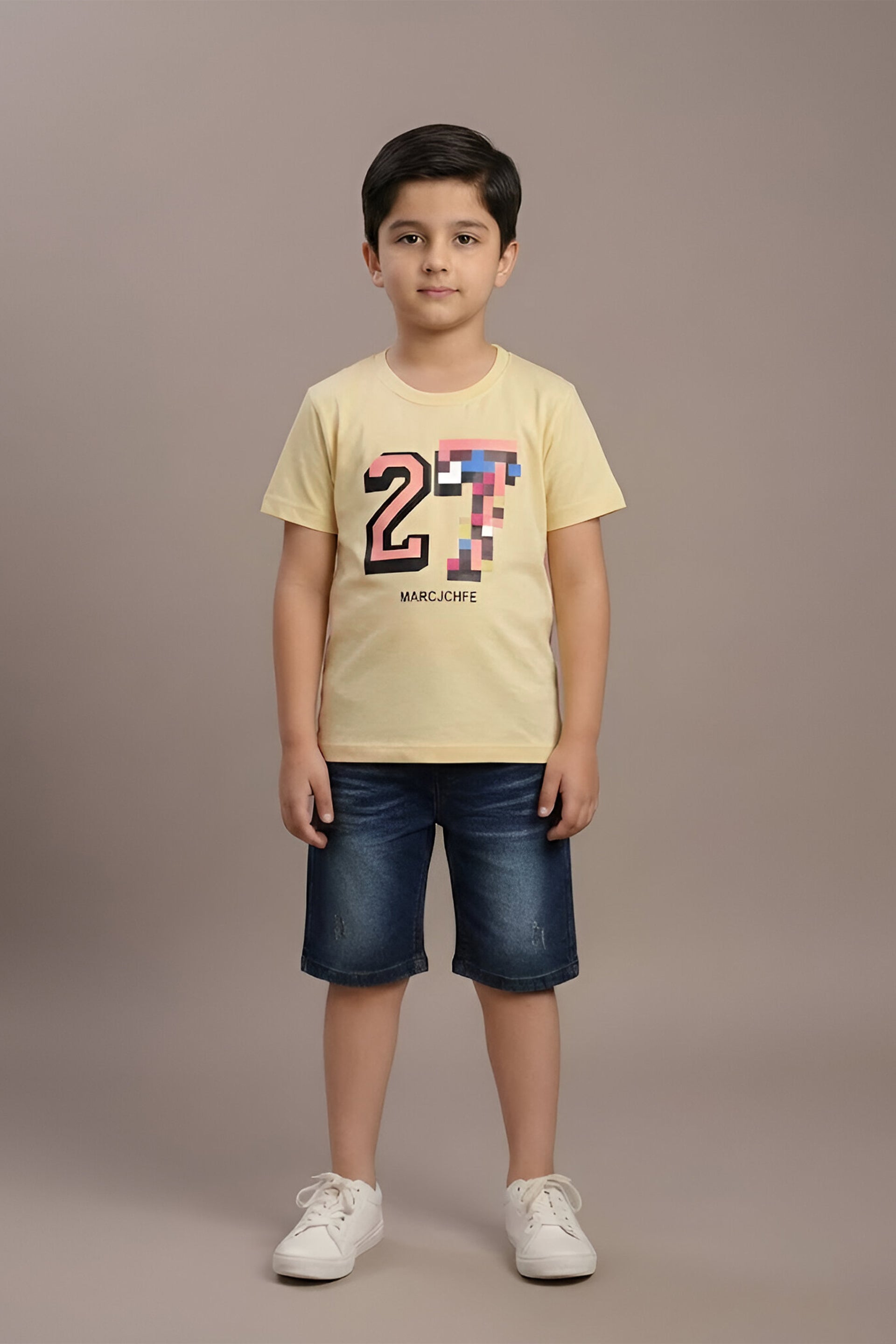 Boys' Casual Beige Polo & Denim Shorts Set
