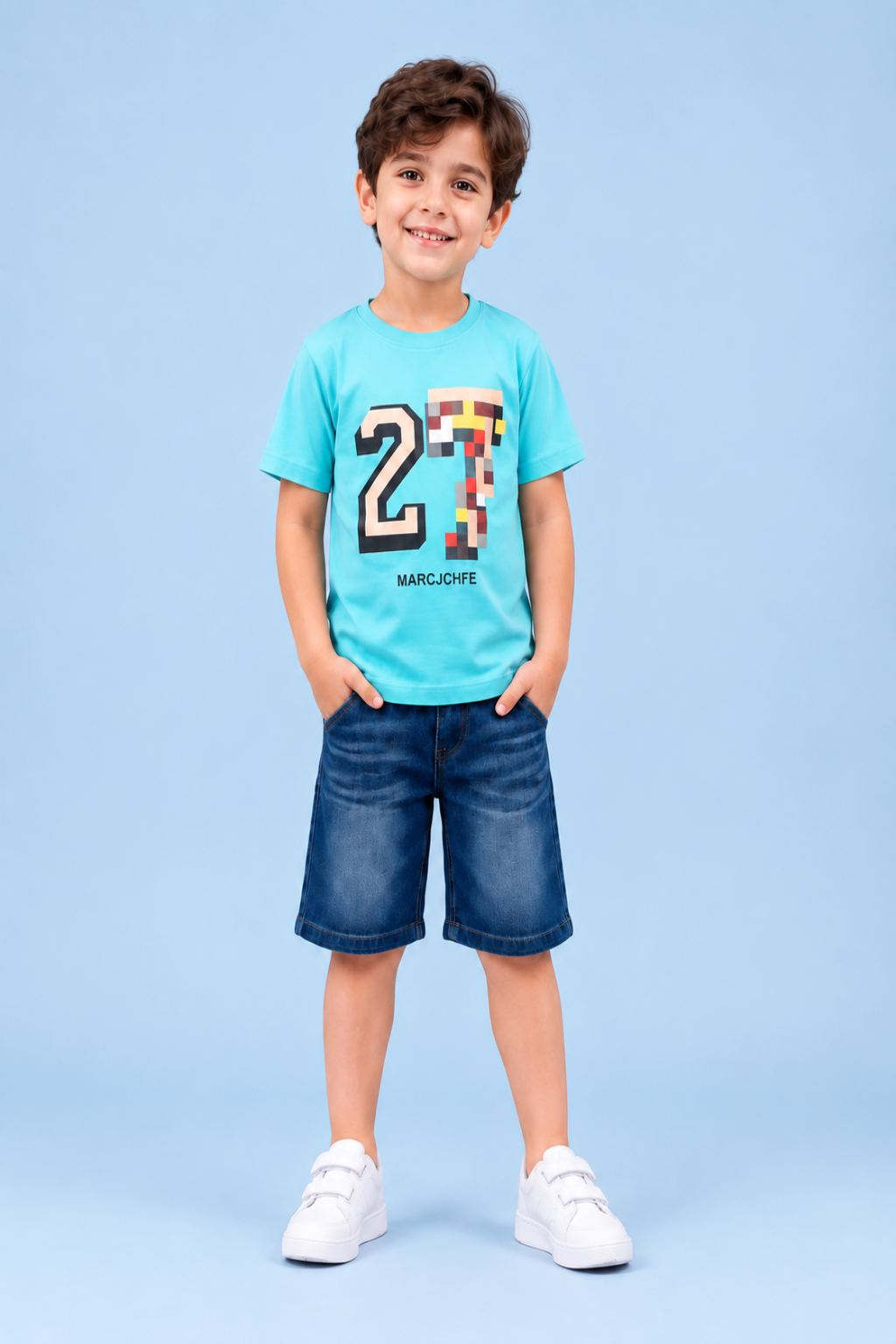 Pixel Graphic T-Shirt & Denim Shorts Set