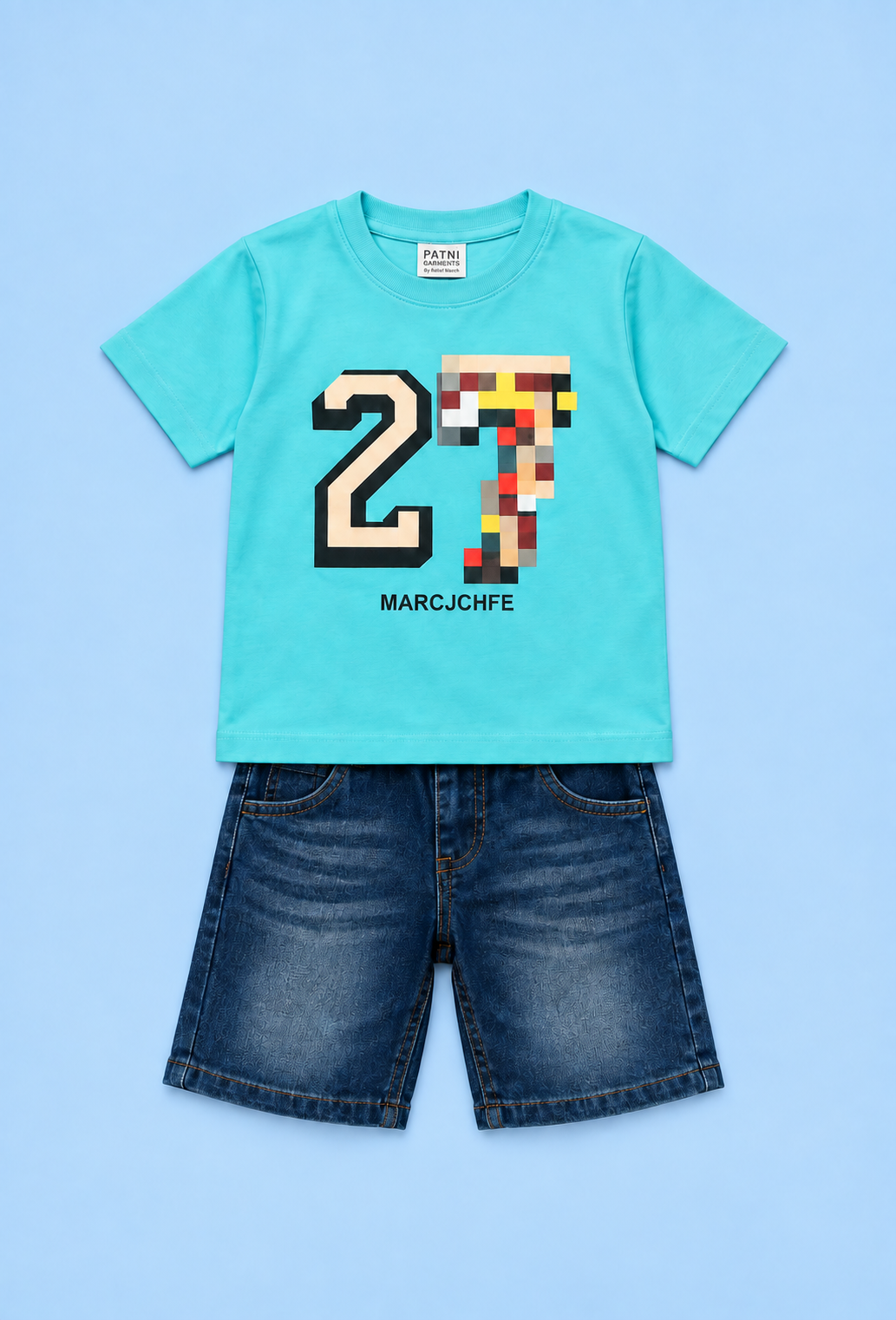 Pixel Graphic T-Shirt & Denim Shorts Set