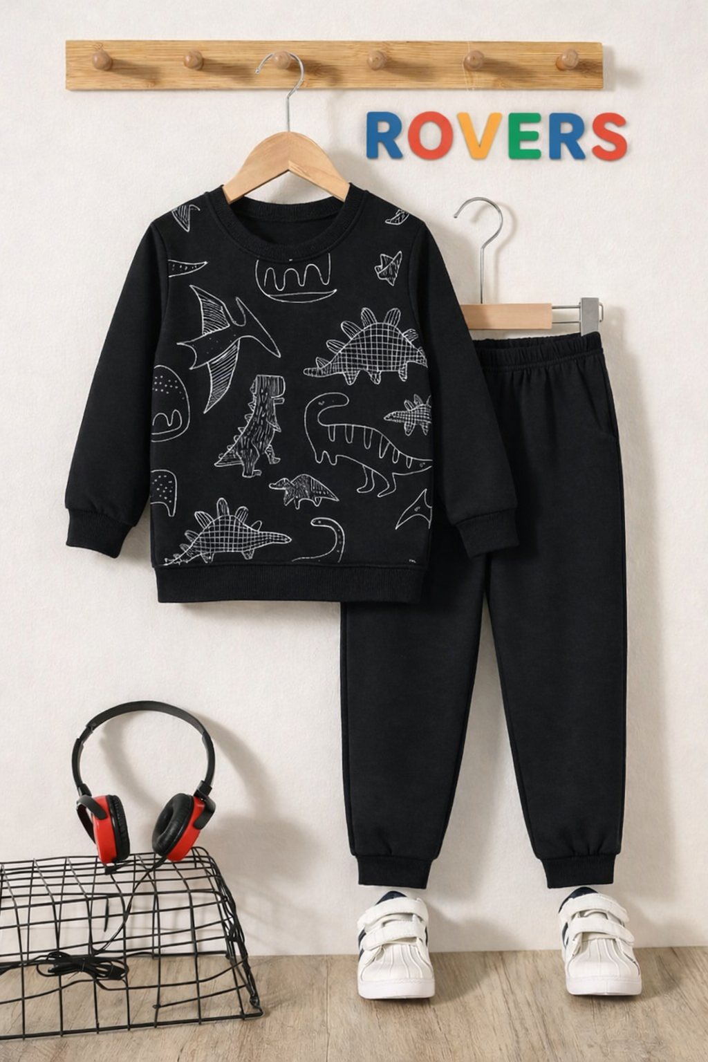 Boys Premium Quality "Dinosaur" Printed Fleece Suit -BLACK
