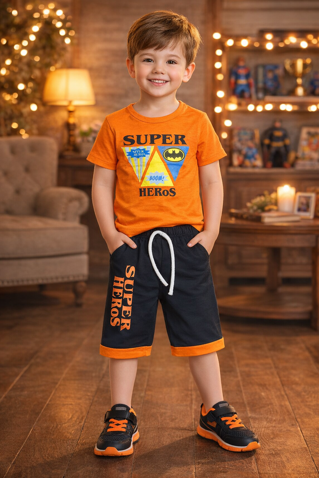 Boys Orange & Black "Super Heroes" printed Niker-suit (1-10)Years