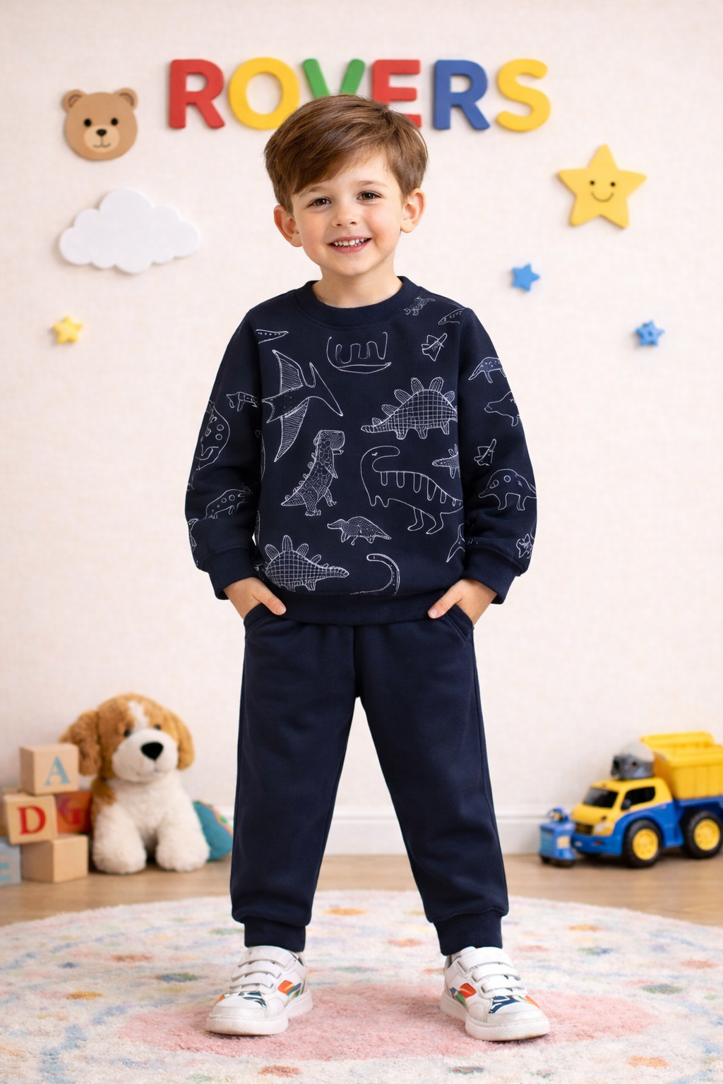 Boys Premium Quality "Dinosaur" Printed Fleece Suit -NAVY BLUE