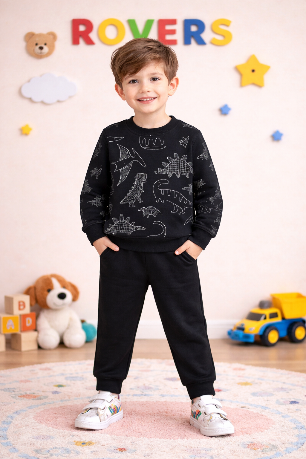 Boys Premium Quality "Dinosaur" Printed Fleece Suit -BLACK