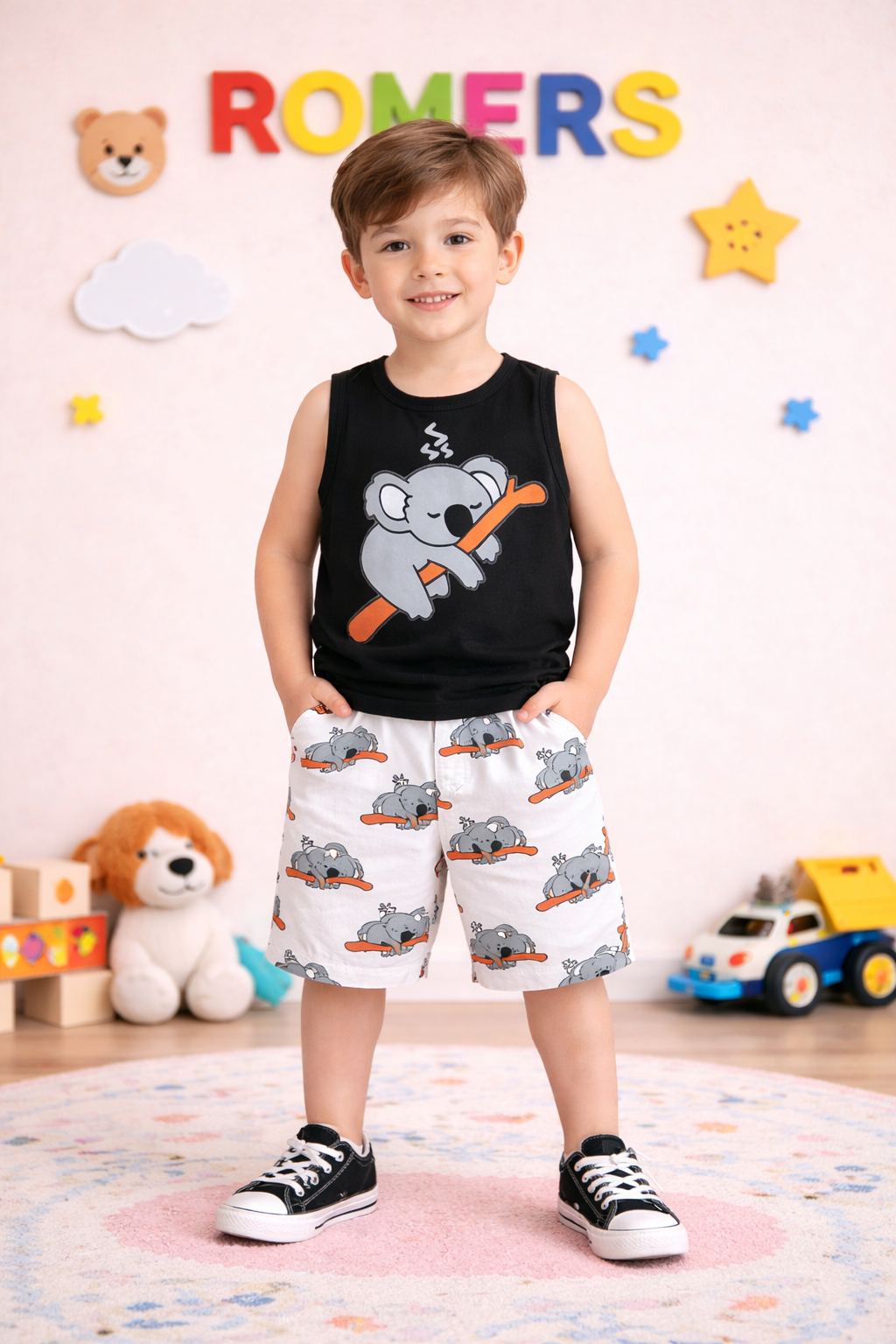 Boys' Summer Sleeveless Lazy Bear Print Tanktop + Shorts Casual Set
