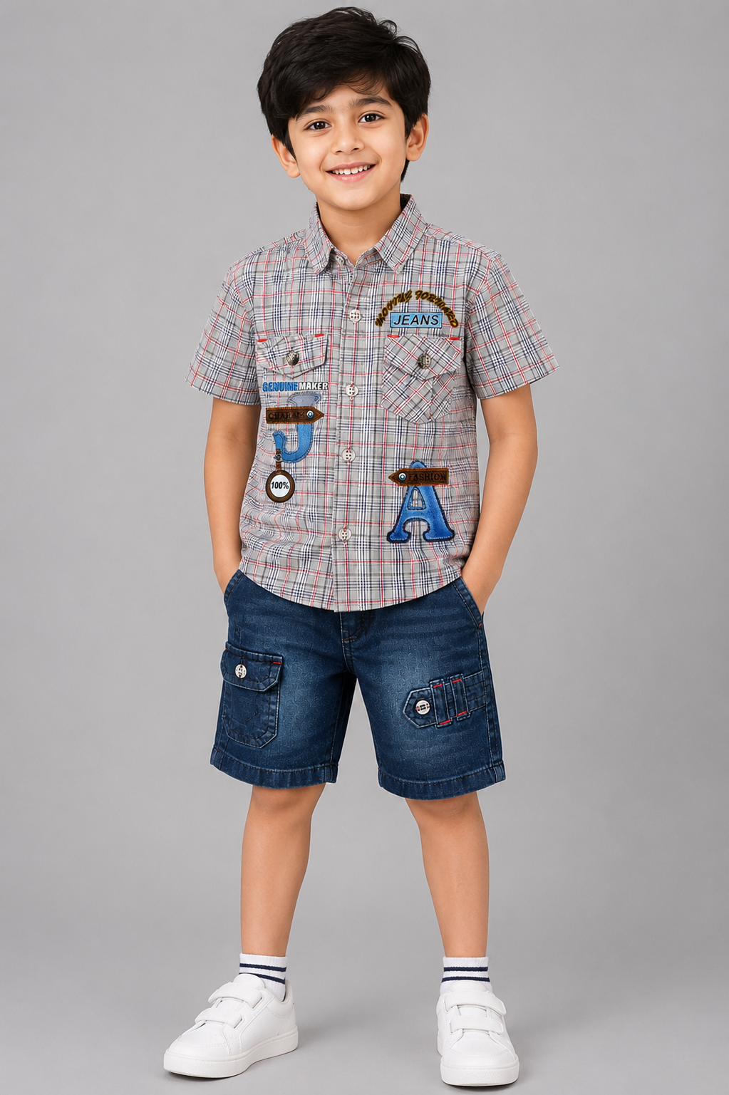 Boys Check Print Casual Shirt & Denim Shorts Set
