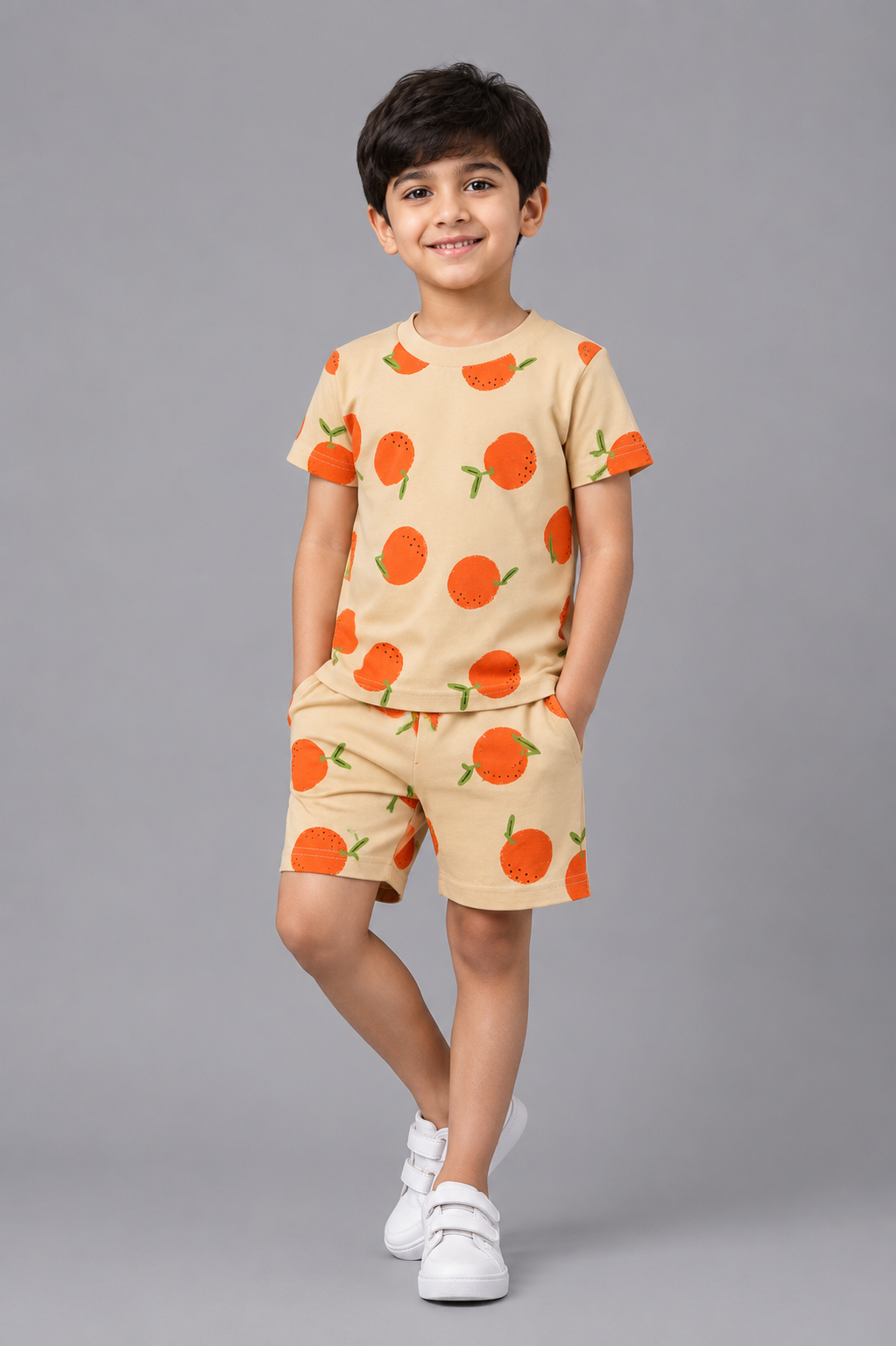 Kids Orange Print Summer T-Shirt & Shorts Set