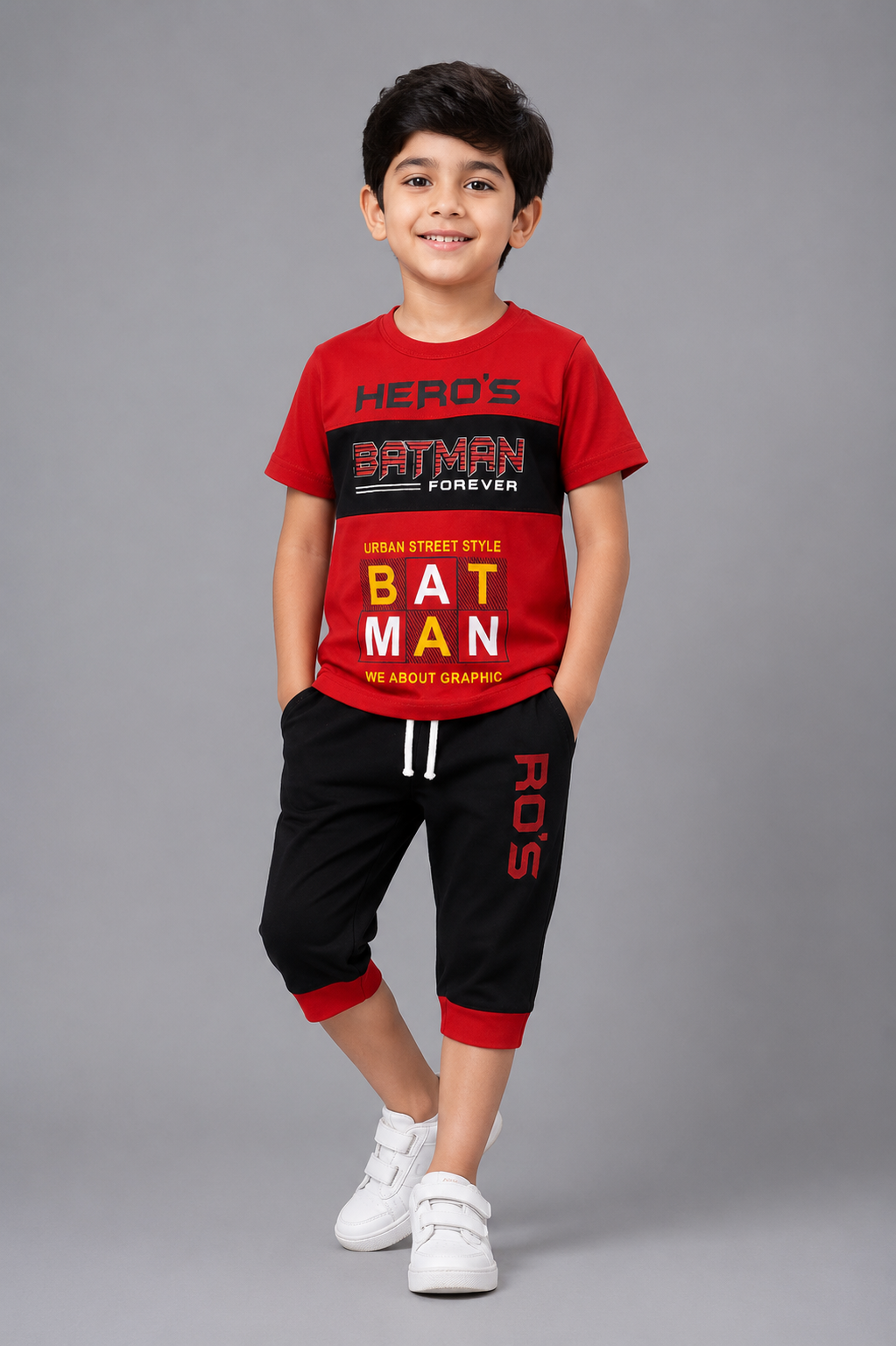 Boys Red & Black Batman Printed Niker Suit
