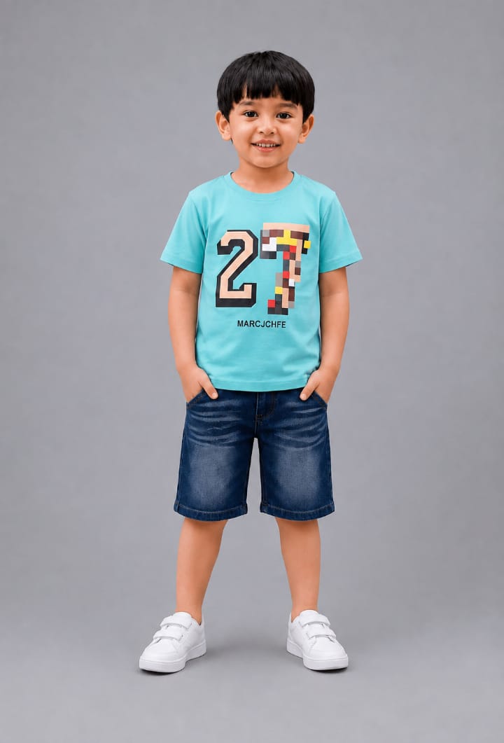 Boys Trendy Pixel Graphic T-Shirt & Denim Shorts