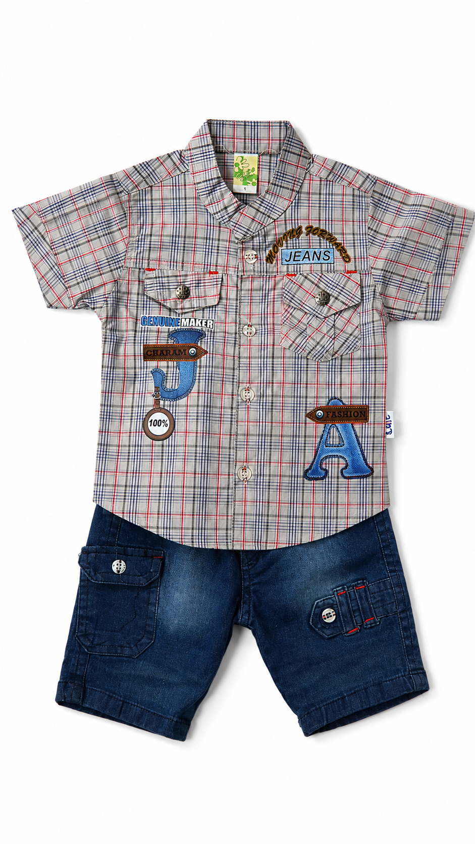 Boys Check Print Casual Shirt & Denim Shorts Set